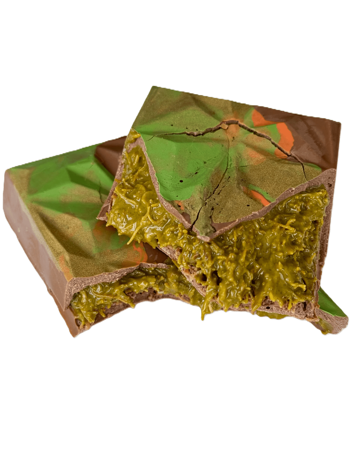 Milk Dubai pistachio chocolate bar with creamy filling and nut topping.